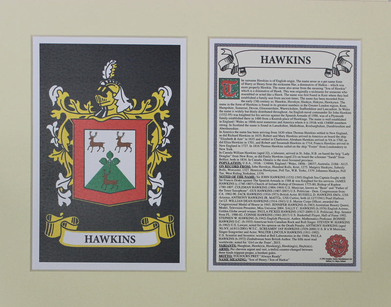 Hawkins - Irish Surname Coat of Arms Family Crest Heraldry