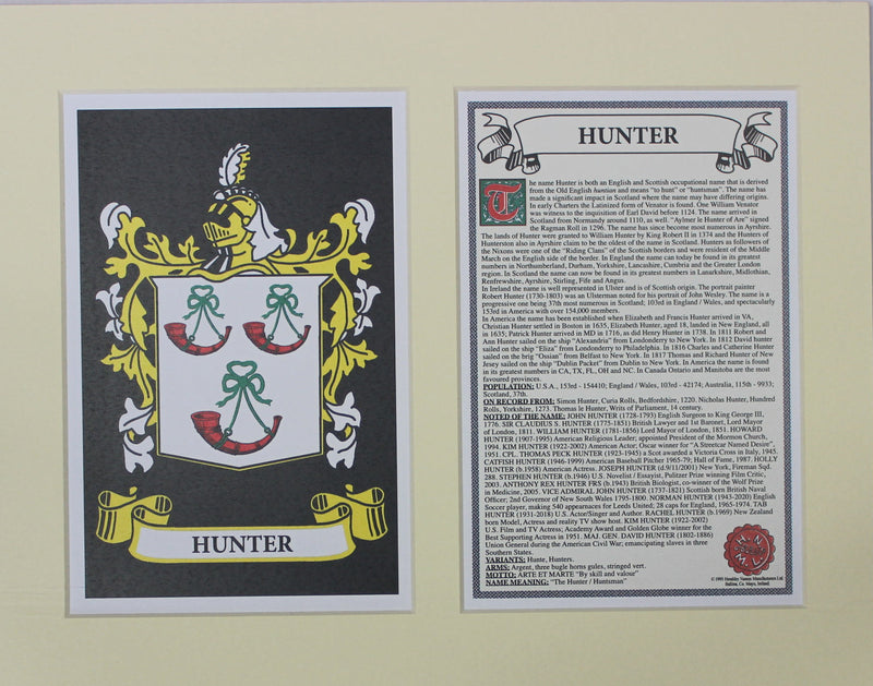 Hunter - Irish American Surname Coat of Arms Family Crest Heraldry