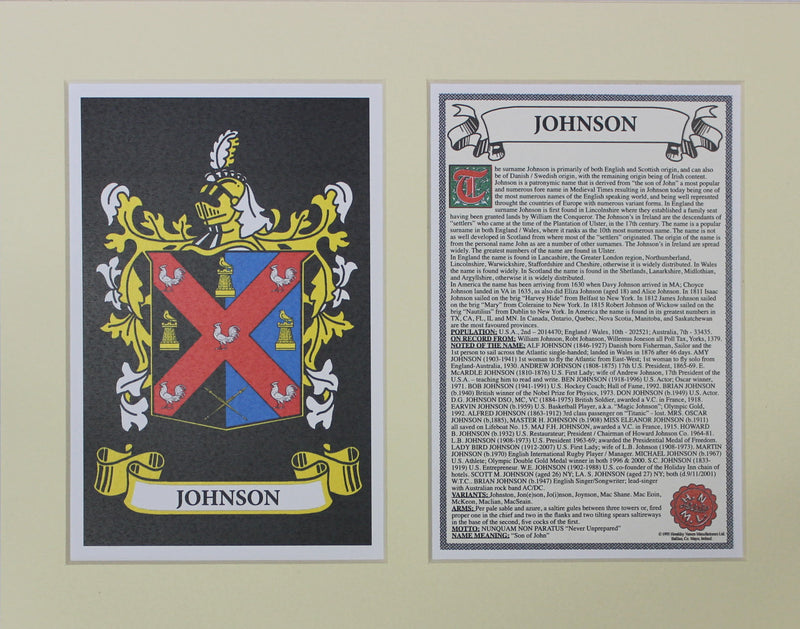 Johnson - Irish American Surname Coat of Arms Family Crest Heraldry