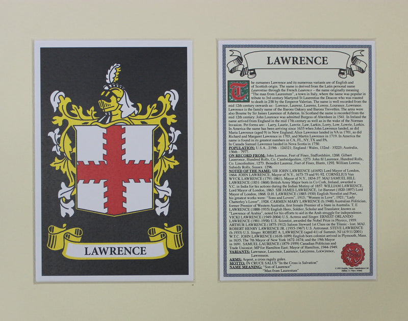 Lawrence - Irish American Surname Coat of Arms Family Crest Heraldry