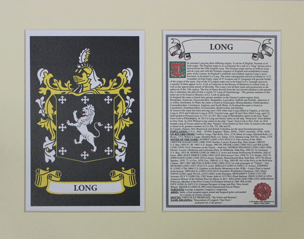 Long - Irish Surname Coat of Arms Family Crest Heraldry