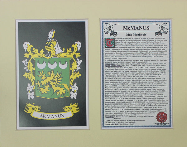 McManus - Irish Surname Coat of Arms Family Crest Heraldry