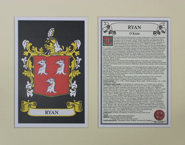 Ryan - Irish American Surname Coat of Arms Family Crest Heraldry