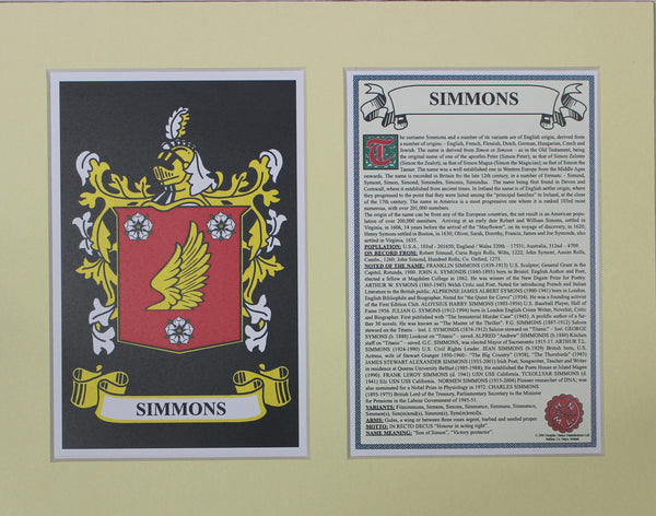 Simmons - Irish American Surname Coat of Arms Family Crest Heraldry