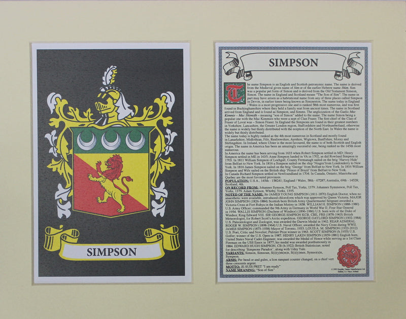 Simpson - Irish Surname Coat of Arms Family Crest Heraldry