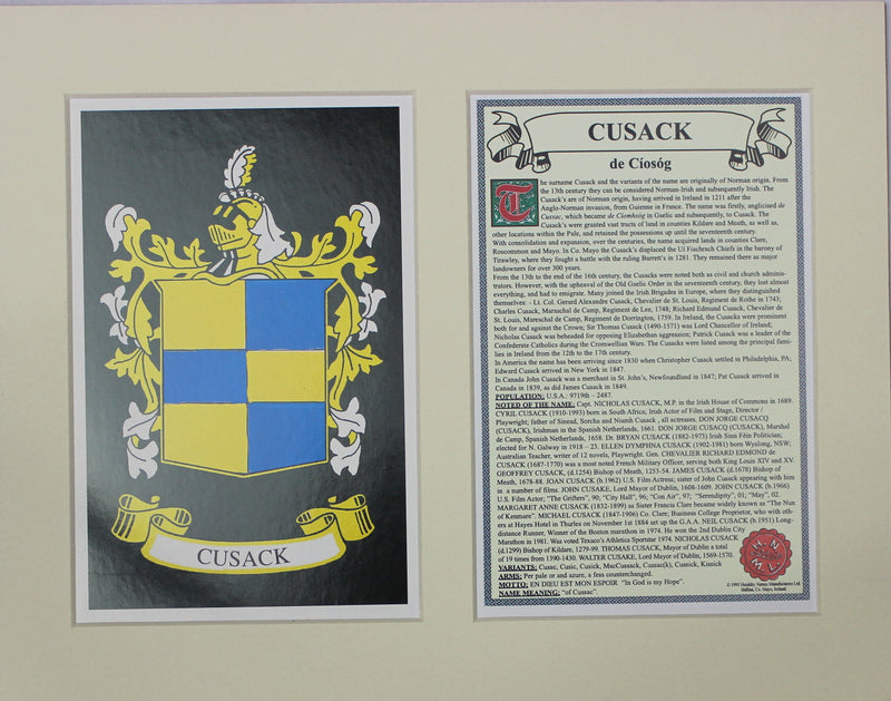 Cusack - Irish American Surname Coat of Arms Family Crest Heraldry
