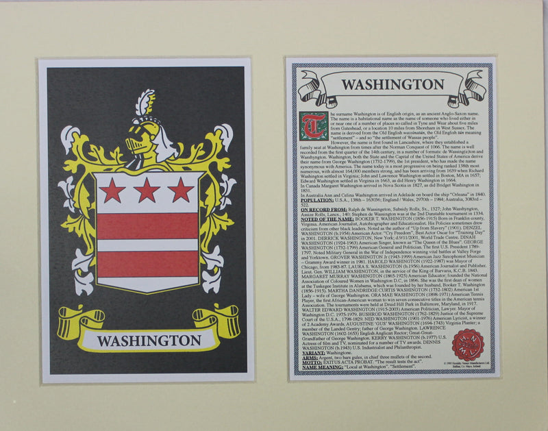 Washington - Irish Surname Coat of Arms Family Crest Heraldry