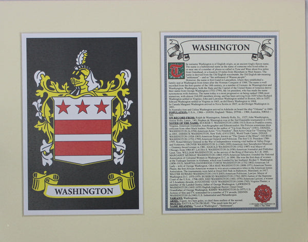 Washington - Irish American Surname Coat of Arms Family Crest Heraldry