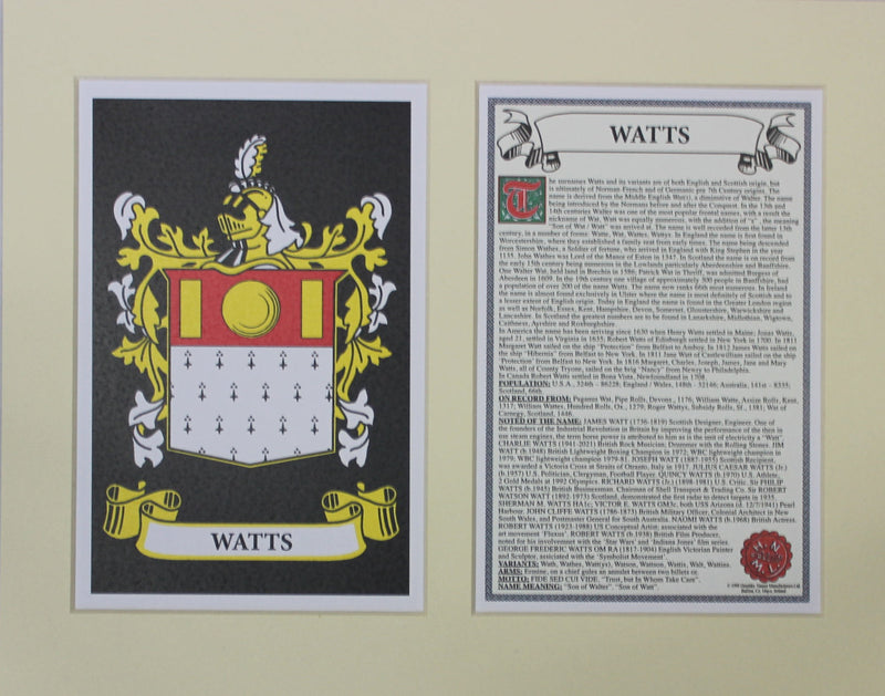 Watts - Irish American Surname Heraldry