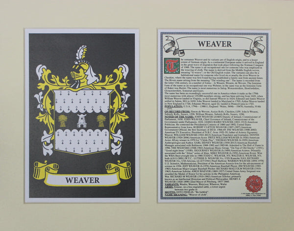 Weaver - Irish American Surname Coat of Arms Family Crest Heraldry