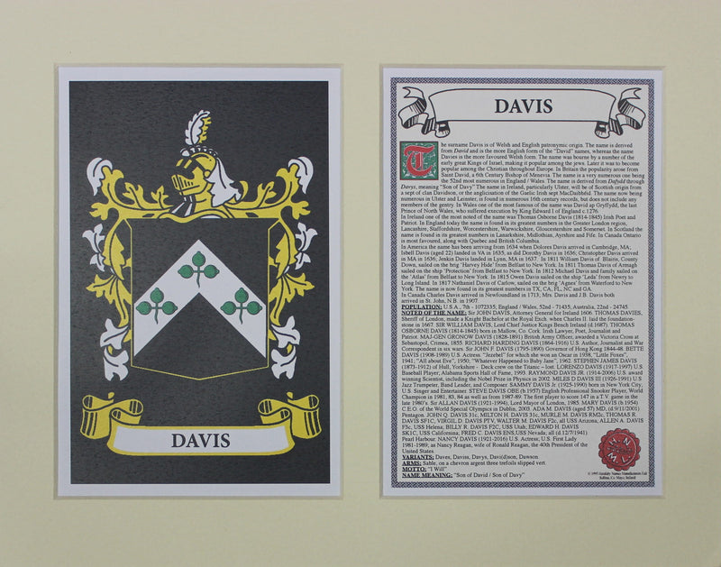 Davis - Irish Surname Coat of Arms Family Crest Heraldry