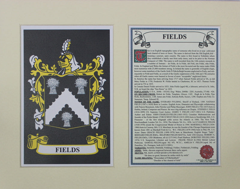 Fields - Irish Surname Coat of Arms Family Crest Heraldry