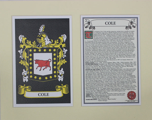 Cole - Irish Surname Coat of Arms Family Crest Heraldry