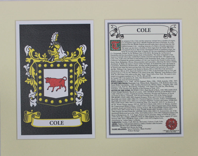 Cole - Irish American Surname Coat of Arms Family Crest Heraldry