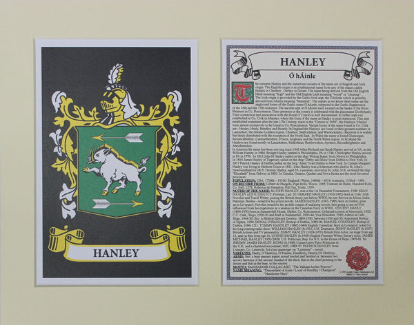 Hanley - Irish Surname Coat of Arms Family Crest Heraldry