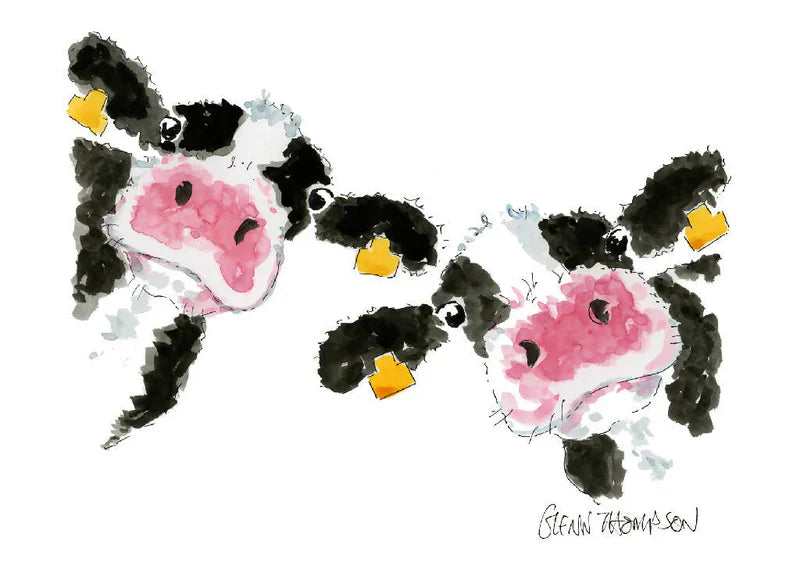 Friendly Cows A4 Mounted Print - Cute Farm Animals