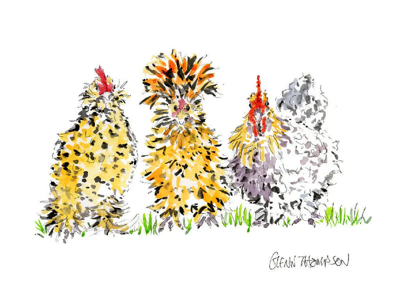 Hens A4 Watercolour Mounted Print - Cute Farm Animals