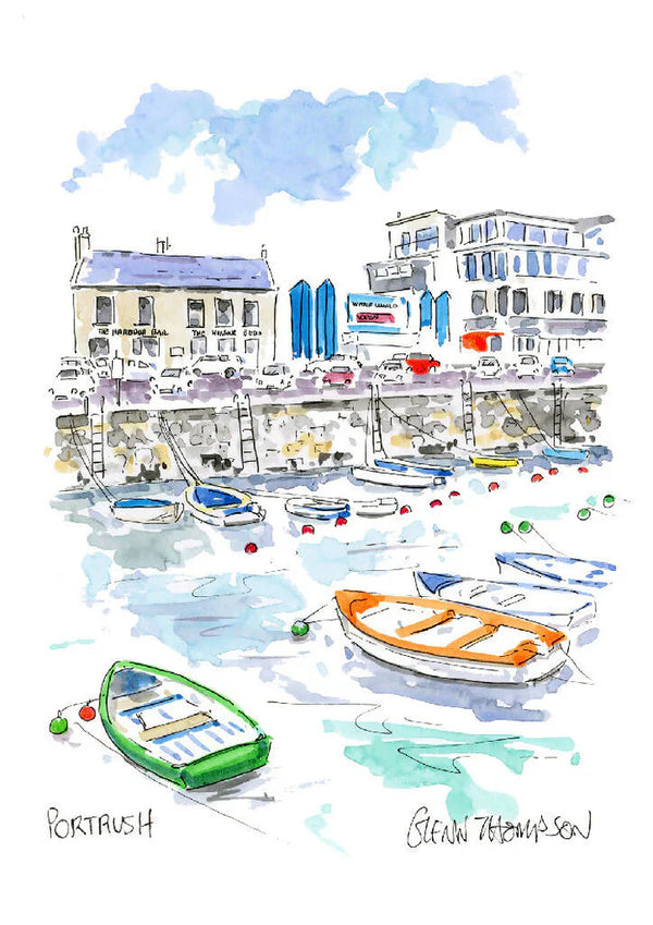 Portrush Harbour Watercolour A4 Mounted Print - Irish Town