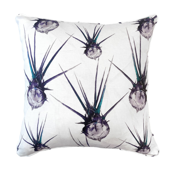 Luxury Irish Linen 50cm Egyptian Thistle Blue & Cream Vibrant Square Cushion