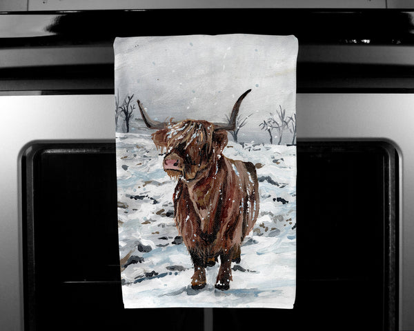 Winter Highland Cow Tea Towel