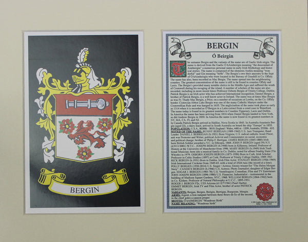Bergin - Irish American Surname Coat of Arms Family Crest Heraldry