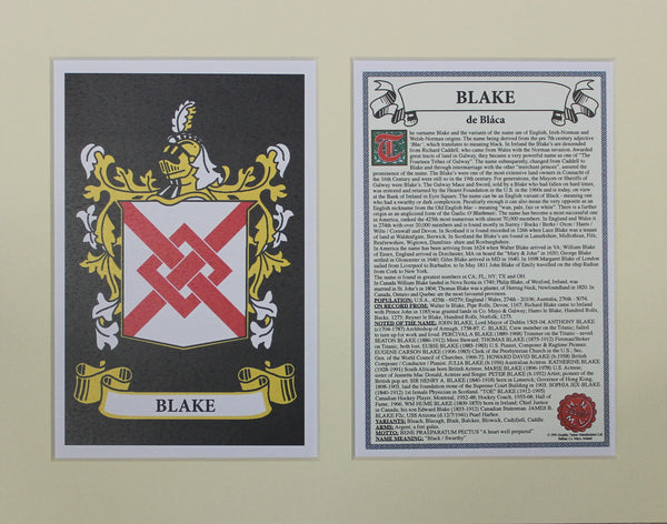 Blake - Irish American Surname Coat of Arms Family Crest Heraldry