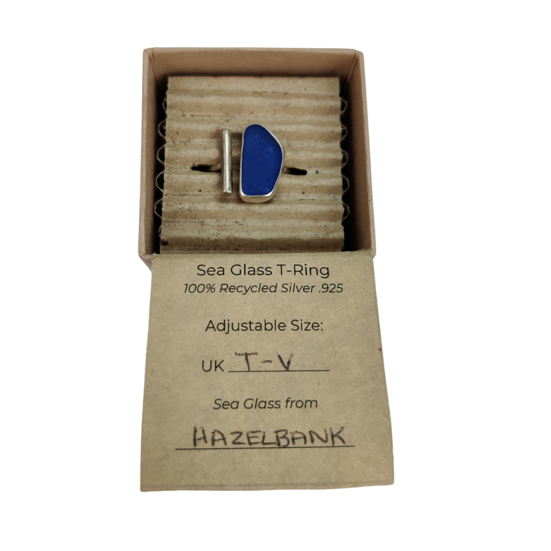 Blue Handcrafted Sea Glass Ring Size T-V UK – Seaglass From Hazelbank Beach – Unique Eco-Friendly Jewelry