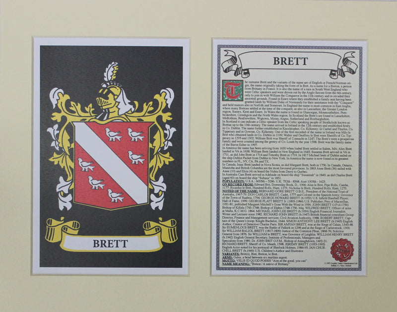 Brett - Irish Surname Coat of Arms Family Crest Heraldry