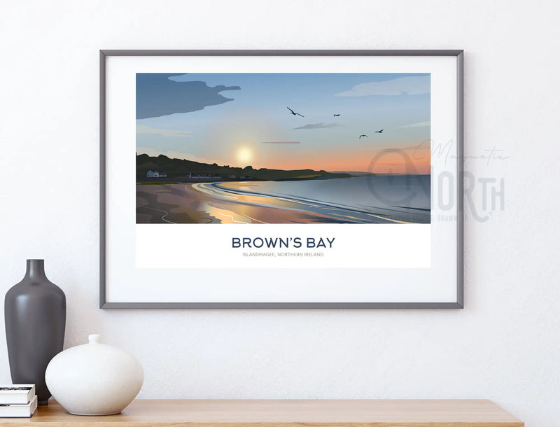 Brown's Bay, Art Print Travel Poster, Antrim Coast, Northern Ireland, Ireland, Travel Print, House, Wedding gift, Christmas Gift