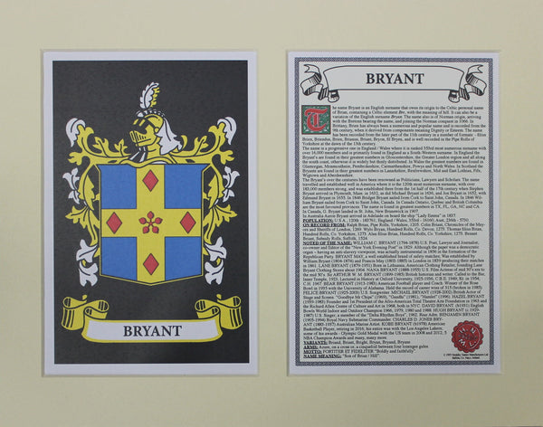 Bryant - Irish American Surname Coat of Arms Family Crest Heraldry