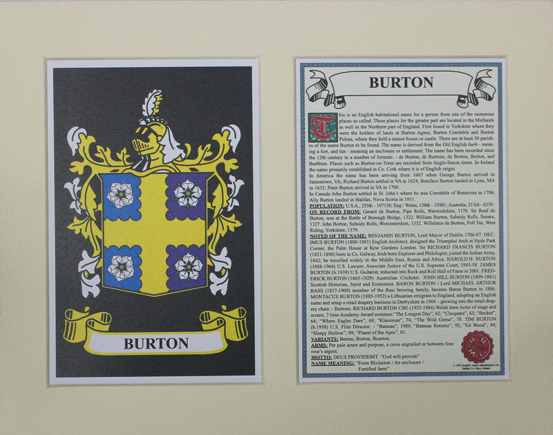 Burton - Irish Surname Coat of Arms Family Crest Heraldry