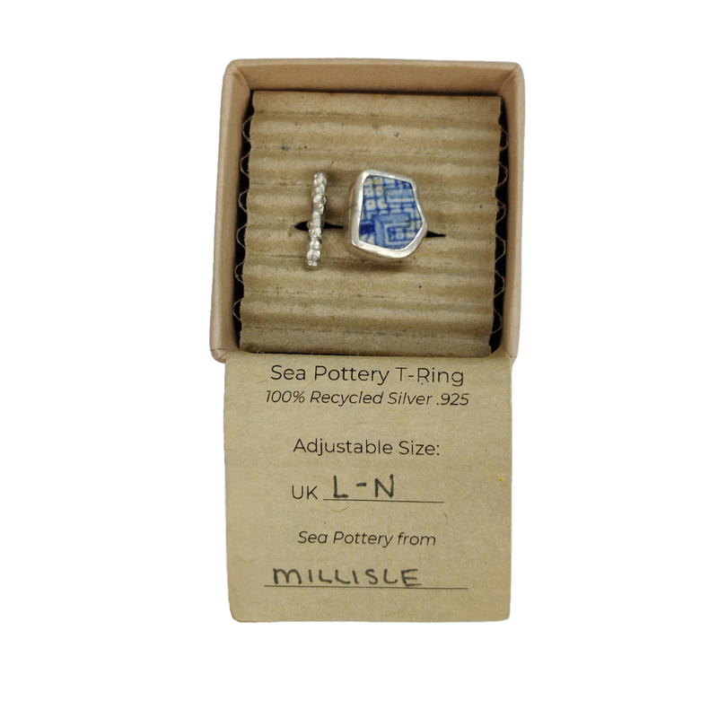 Blue & White Pattern Handcrafted Sea Glass Ring Size L-N – Seaglass From Millisle Beach – Unique Eco-Friendly Jewellery