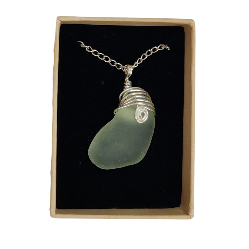 Green Sea Glass Necklace with Metal Wire Wrapping – Handcrafted from Carnlough Beach Sea Glass