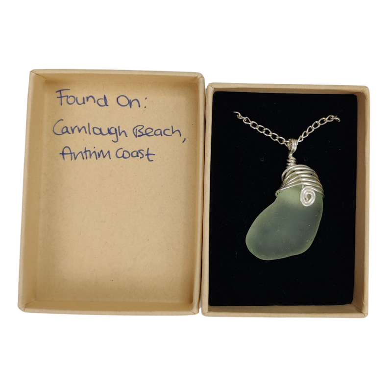 Green Sea Glass Necklace with Metal Wire Wrapping – Handcrafted from Carnlough Beach Sea Glass