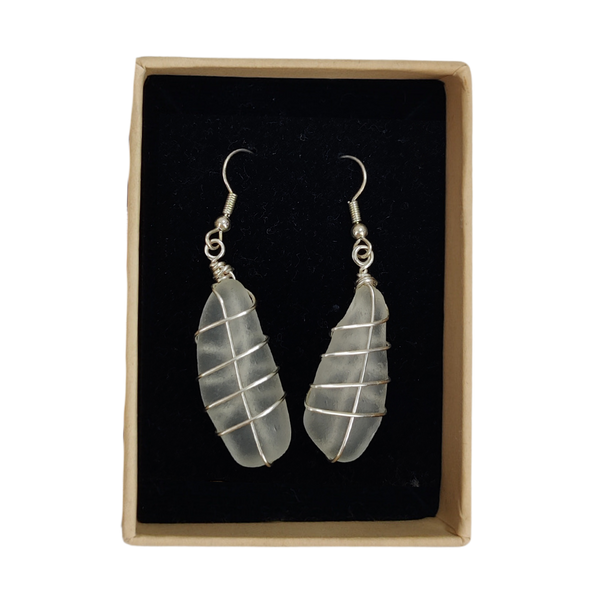 White Sea Glass Earrings Wrapped in Metal Wire – Handcrafted from Cushendall Beach Glass