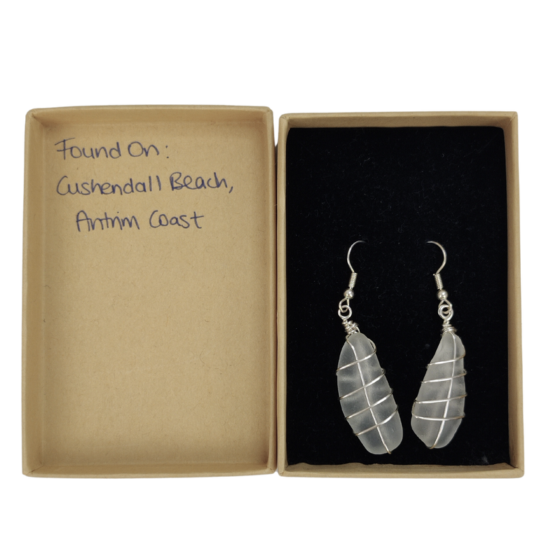 White Sea Glass Earrings Wrapped in Metal Wire – Handcrafted from Cushendall Beach Glass