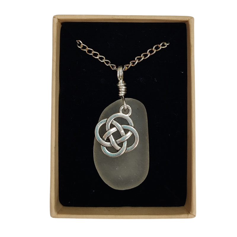 Sea Glass Necklace with Irish Knot Charm – Handcrafted from Larne Beach Glass