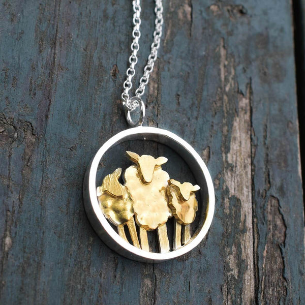 gold and silver lamb and sheep necklace, gold and silver sheep jewellery, sheep jewellery, lamb jewellery, gift for sheep farmer, female farmer present, down on the farm jewellery, agricultural jewellery, farm jewellery, farm animal jewellery