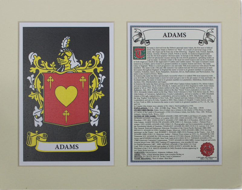 Adams - Irish American Surname Coat of Arms Family Crest Heraldry