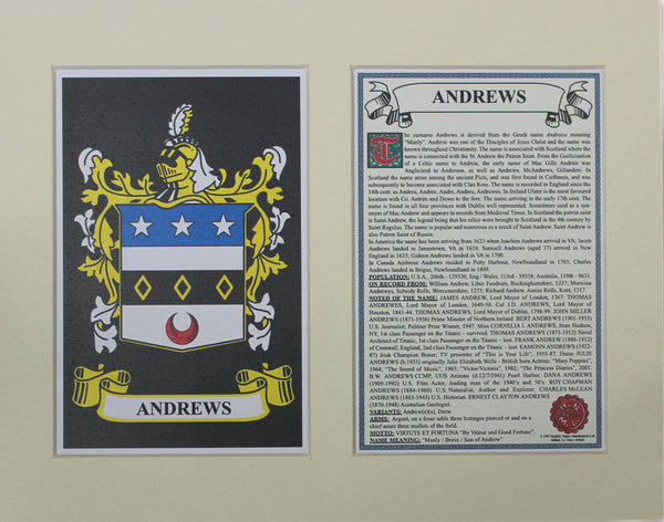 Andrews - Irish American Surname Coat of Arms Family Crest Heraldry