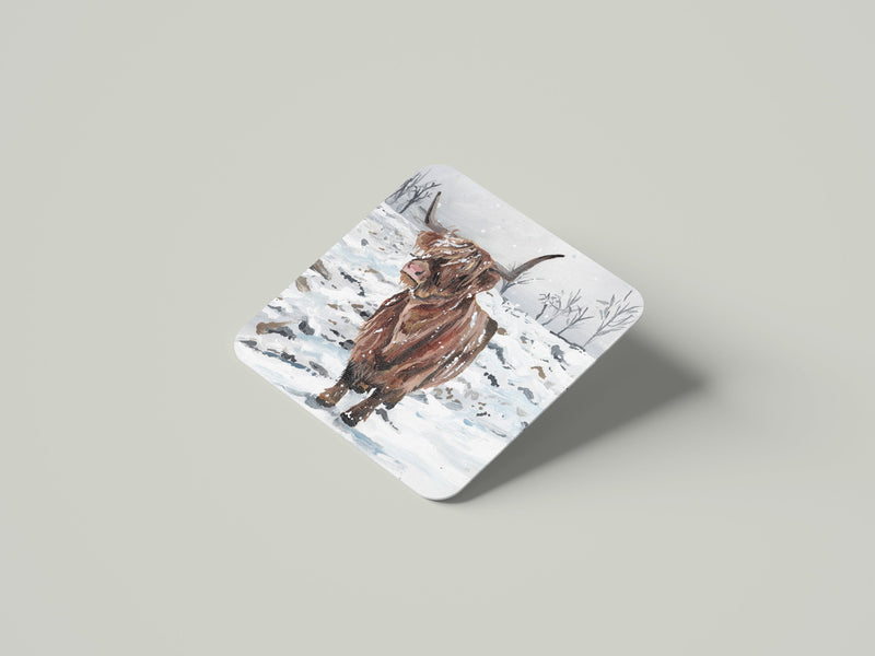 Winter Highland Cow Coaster