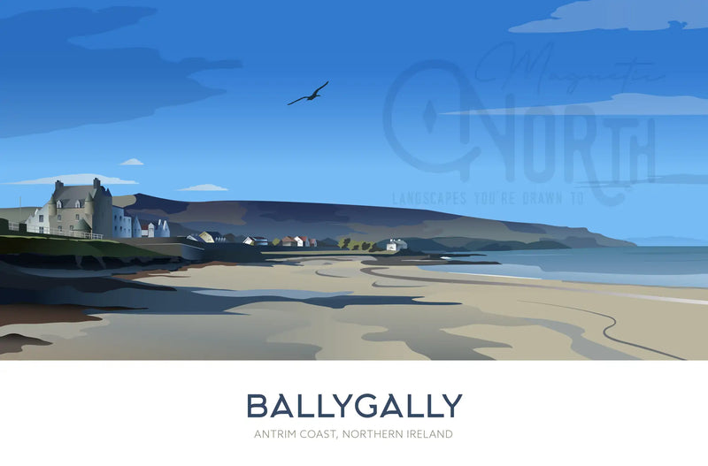 Ballygally, Art Print Travel Poster, Antrim Coast, Northern Ireland, Wedding gift, Christmas Gift