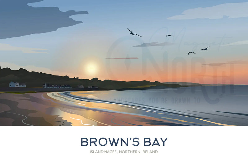 Brown's Bay, Art Print Travel Poster, Antrim Coast, Northern Ireland, Ireland, Travel Print, House, Wedding gift, Christmas Gift