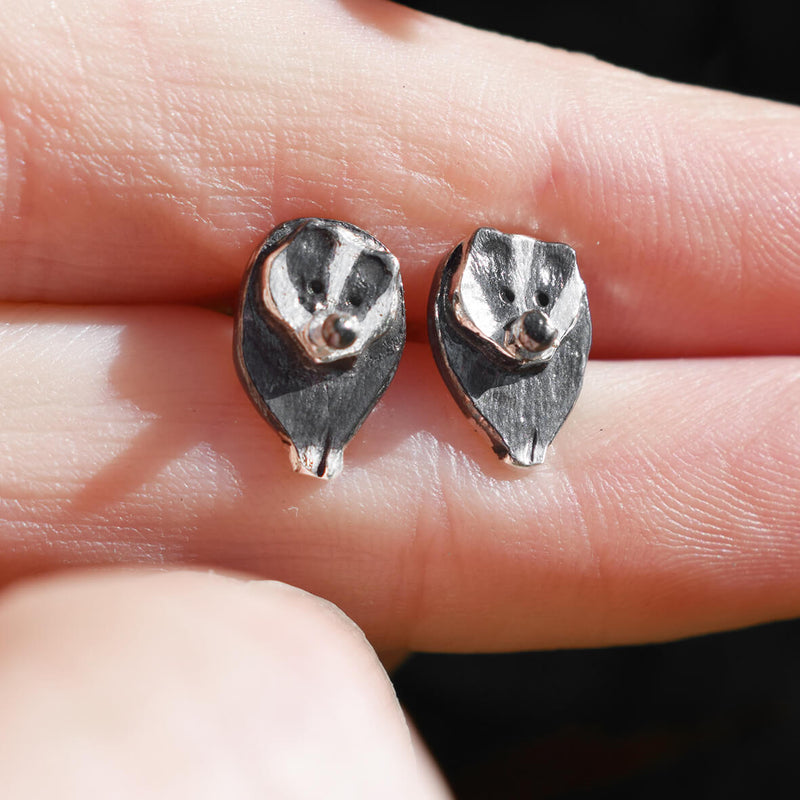 silver badger earrings, badger jewellery, badger gift for woman, british wildlife gift for woman, wildlife earrings