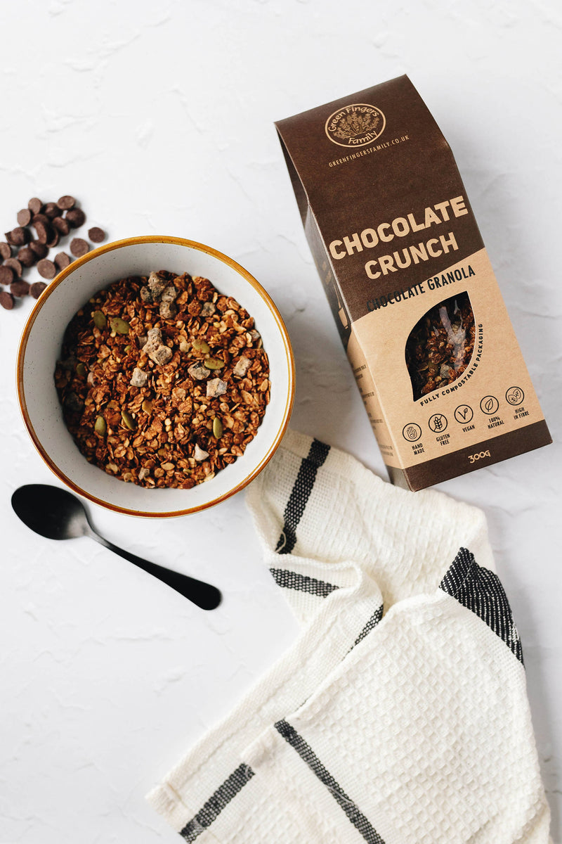 Chocolate Crunch Granola, 300G Bag | Green Fingers Family | Vegan | Gluten-free | Refined Sugar-free | Compostable Packaging