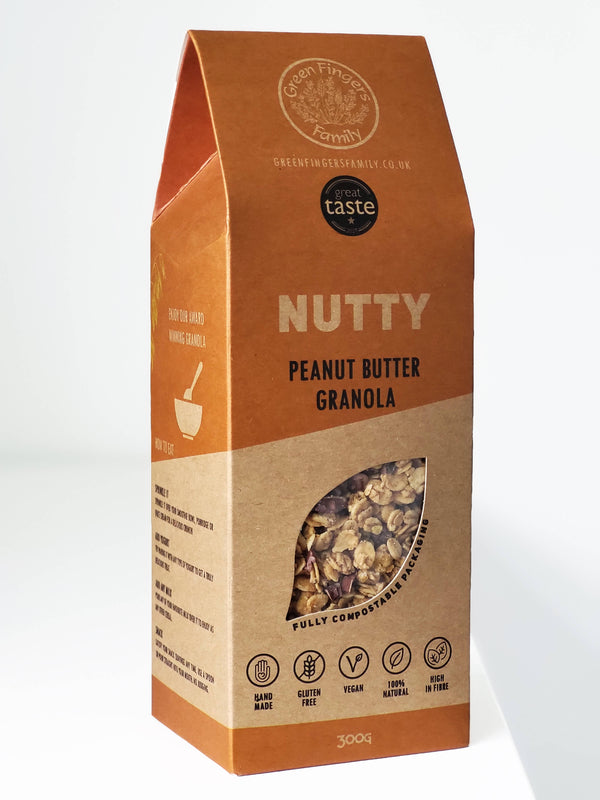 Nutty - Peanut Butter Granola, 300G Bag | Green Fingers Family| Vegan | Gluten-free | Refined Sugar-free | Compostable Packaging