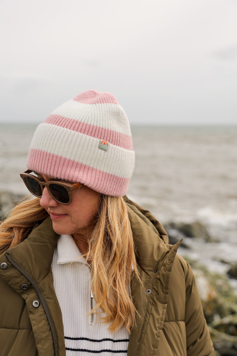 Rue Wool Mix Stripe Beanie - Peony Pink