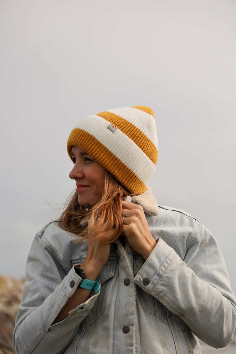 Rue Wool Mix Stripe Beanie - Mustard + Cream