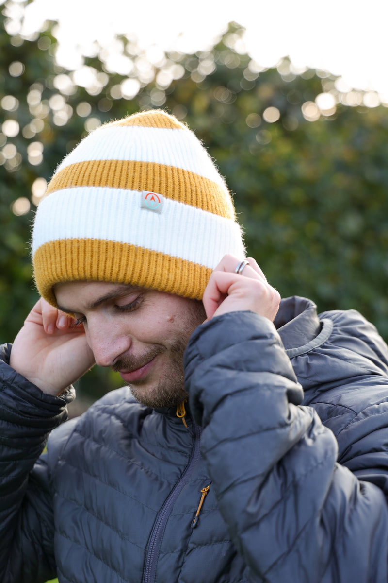 Rue Wool Mix Stripe Beanie - Mustard + Cream