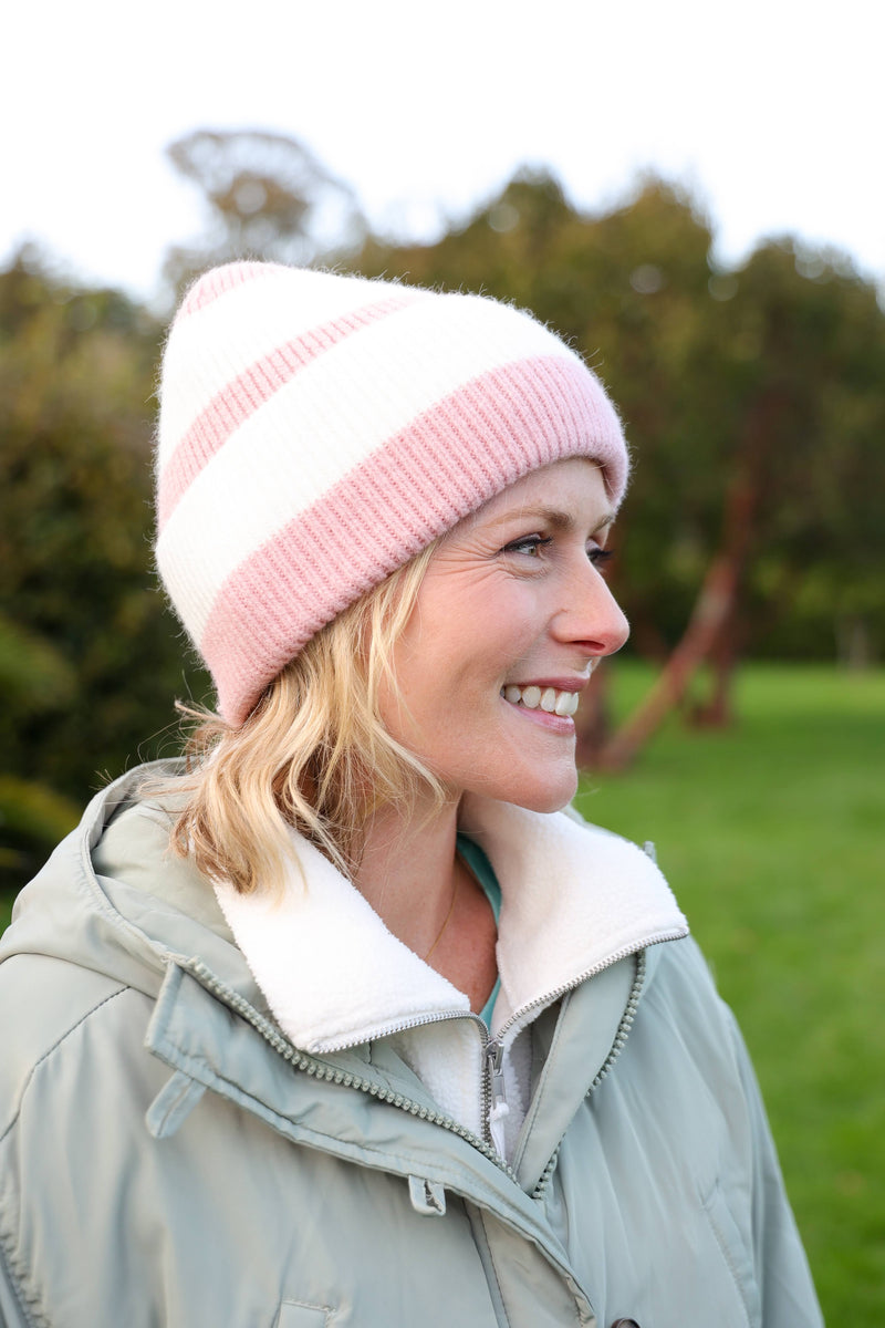 Rue Wool Mix Stripe Beanie - Peony Pink